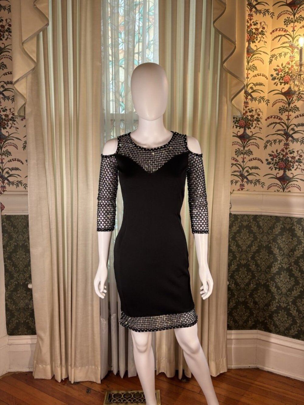 Black AB Crystal Rhinestone Fishnet Mesh Diva London Stretch Bodycon Dress